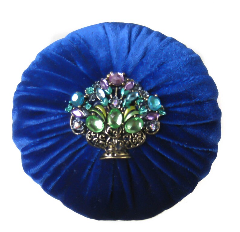 Abrasive Large Royal Blue Emery Pincushion for Sewing Velvet Fabric and Colorful Rhinestone Flower Bouquet