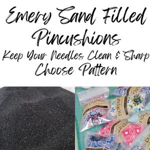 May include: Close-up of a pile of black emery sand, used to fill pincushions.  The image also shows several pincushions in various colorful fabric patterns, packaged in clear plastic bags.  The bags have labels that say "nakpunc" and "akpunc".