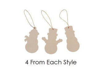 12 pcs Unfinished wood Snowman Cutout Ornament, Gift Tag - 4 from each style