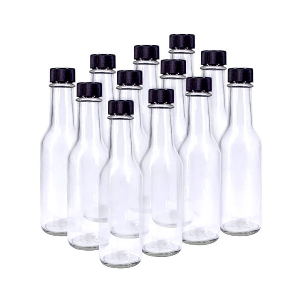 12 pcs 5 oz Glass Hot Sauce Bottles with Black Cap Flow Reducer Dripper Cap and Shrink Capsule Woozy Made in the USA