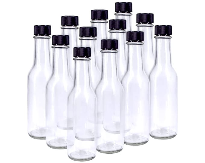 12 pcs 5 oz Glass Hot Sauce Bottles with Black Cap Flow Reducer Dripper Cap and Shrink Capsule Woozy Made in the USA