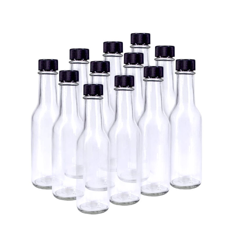 12 pcs 5 oz Glass Hot Sauce Bottles with Black Cap Flow