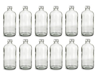 12 pcs 16 oz Clear Boston Bottle with Silver Foam Lined Caps- Storage and Organization