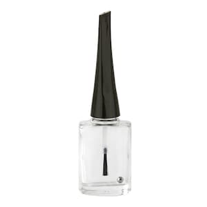 May include: A clear glass nail polish bottle with a black cap and brush applicator. The bottle is rectangular with rounded edges. The brush is visible inside the bottle.