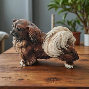 Rare Vintage 1960s Italian Pekingese Dog Sculpture, 13&quot; Chalkware Style - Melba Ware or C. Martinu Hand Painted Figurine with Minor Chips