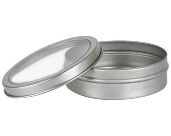 2 oz Clear Top Tin Containers- Round, Silver