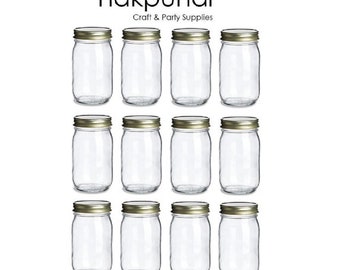 Nakpunar 12 pcs 16 oz Mason Glass Jars with Gold Lid Made in USA Storage and Organization