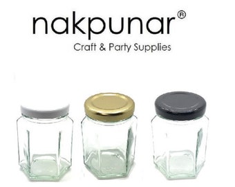 1 pc 3.75 oz (110 ml) Glass Hexagon Jar with your color lid: Gold, White, Black - Jam, Jelly, Honey, Spice, Favor Jars