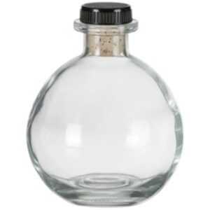 May include: A clear glass bottle with a round body and a black plastic lid. The bottle has a cork stopper.