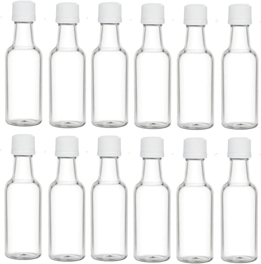 SOLSTM Lot de 24 mini bouteilles d'alcool en plastique robuste de 50 ml  avec couvercles (bouchons à vis noirs) réutilisables avec entonnoir, pour