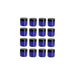 May include: A set of 18 small, blue glass jars with black lids. The jars are arranged in a grid pattern.