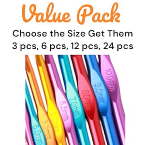 May include: A set of colourful crochet hooks in various sizes, ranging from 5.0mm to 10.0mm. The hooks are arranged in a fan shape, with the largest hook at the top and the smallest hook at the bottom. The text "Value Pack" and "Choose the Size Get Them 3 pcs, 6 pcs, 12 pcs, 24 pcs" is visible at the top of the image.