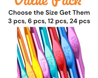 May include: A set of colorful crochet hooks in various sizes, ranging from 5.0mm to 10.0mm. The hooks are arranged in a fan shape, with the largest hook at the top and the smallest hook at the bottom. The text "Value Pack" and "Choose the Size Get Them 3 pcs, 6 pcs, 12 pcs, 24 pcs" is visible at the top of the image.