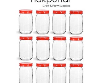 Nakpunar 12 pcs 16 oz Mason Glass Jars with Red Lid Storage and Organization