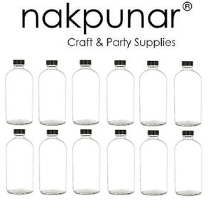 Puede incluir: Doce botellas de vidrio transparente con tapas negras, dispuestas en dos filas sobre un fondo blanco. El texto "nakpunar" y "Craft & Party Supplies" se ven en la parte superior.