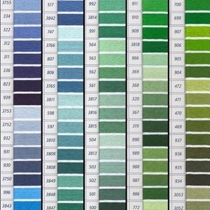 May include: Color chart with numbered swatches in shades of blue, green, and yellow. Each swatch has a corresponding number for easy color identification. The chart is designed for color selection and reference.
