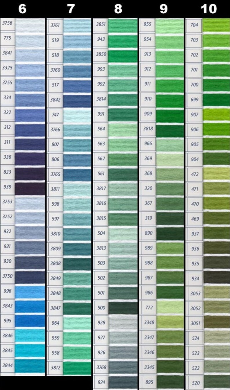 May include: Color chart with numbered swatches in shades of blue, green, and yellow. Each swatch has a corresponding number for easy color identification. The chart is designed for color selection and reference.