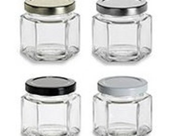 12 pcs 4 oz (120 ml) Squad Hexagon Glass Jar with your color choice of lid Storage and Organization