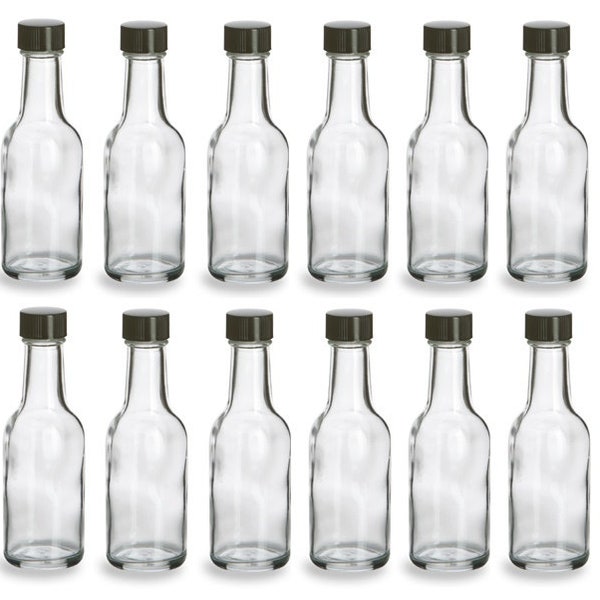12 pcs 50 ml Round Glass Liquor Bottles with Black Cap 1.7 Oz Hot Sauce Bottles  Woozy Bottles- Storage and Organization