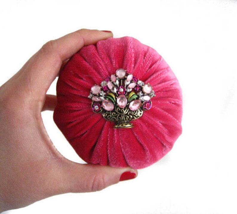 Abrasive Large Royal Blue Emery Pincushion for Sewing Velvet Fabric and Colorful Rhinestone Flower Bouquet