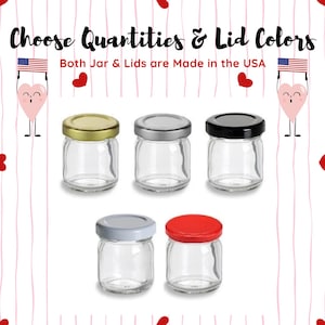 12 frascos de vidrio de borde recto de 1.5 oz con tapa blanca para almacenamiento y organización. Frascos y tapas fabricados en EE. UU. Elija el color y la cantidad de la tapa.