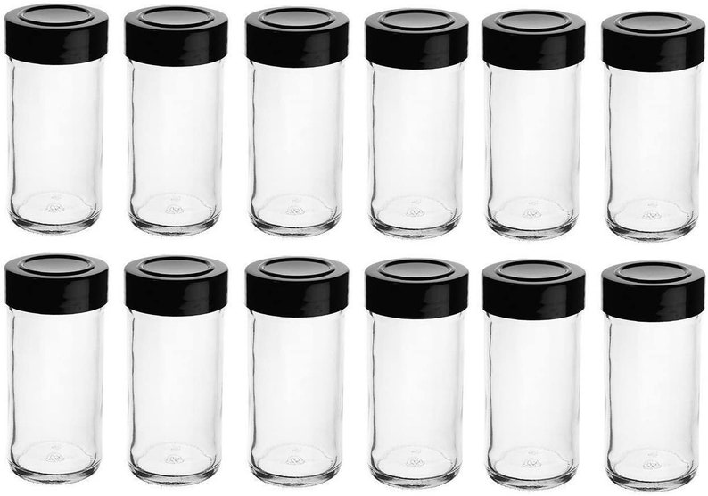 Nakpunar 12 pcs Glass Spice Jars with Shaker Sifter and Stackable Black Lids 4 oz Straight Sided Storage and Organization image 1