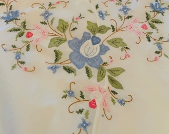 Vintage Scalloped Edge Crossstitch Applique Tablecloth