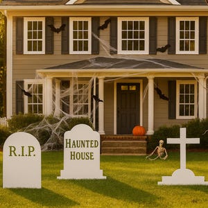 White Tombstone Halloween Decorations, Outdoor PVC Yard Signs with RIP, Cross & Haunted House, Weatherproof Grave Props