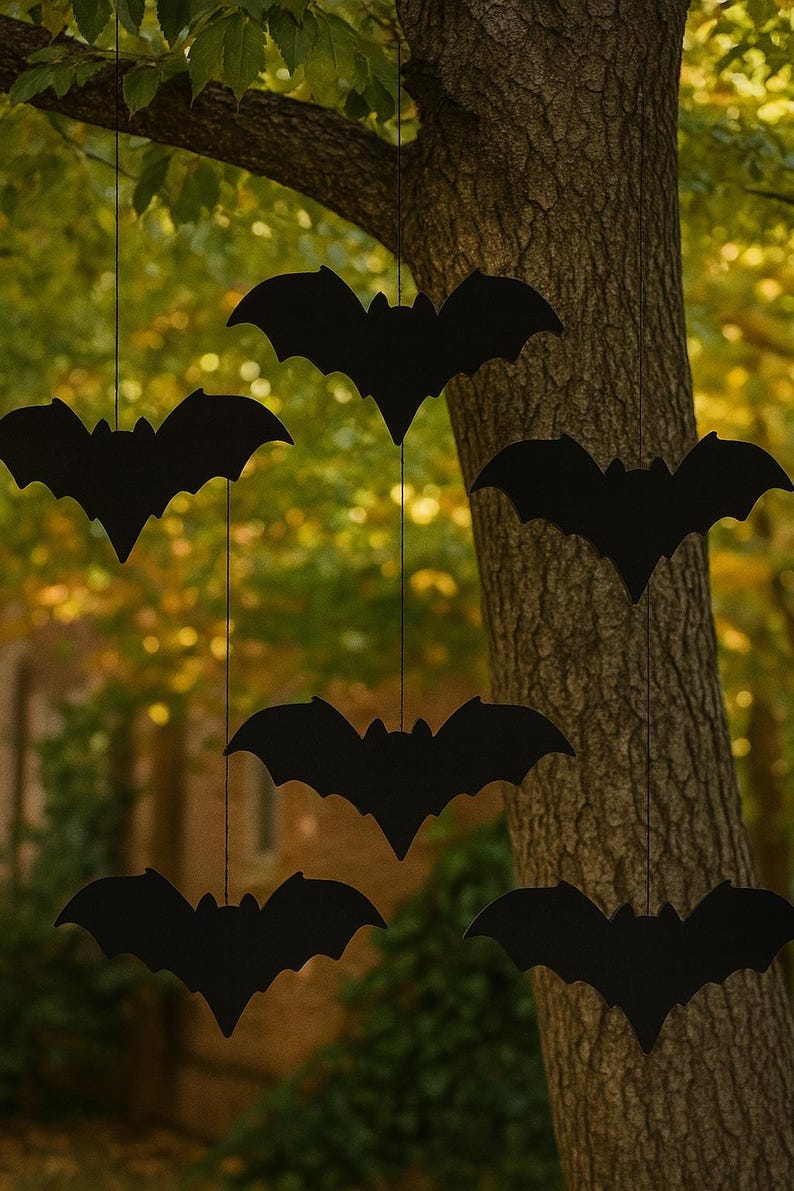 Set of 6 Black Hanging Bats, Halloween PVC Yard Decor, Outdoor Haunted ...