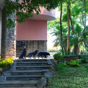 Puede incluir: Tres siluetas de lobos de metal negro se exhiben en una escalera de piedra. Los lobos est&aacute;n en diferentes poses, uno aullando, otro de pie y otro caminando. El fondo incluye un edificio rosa, una pared de piedra y exuberante vegetaci&oacute;n.