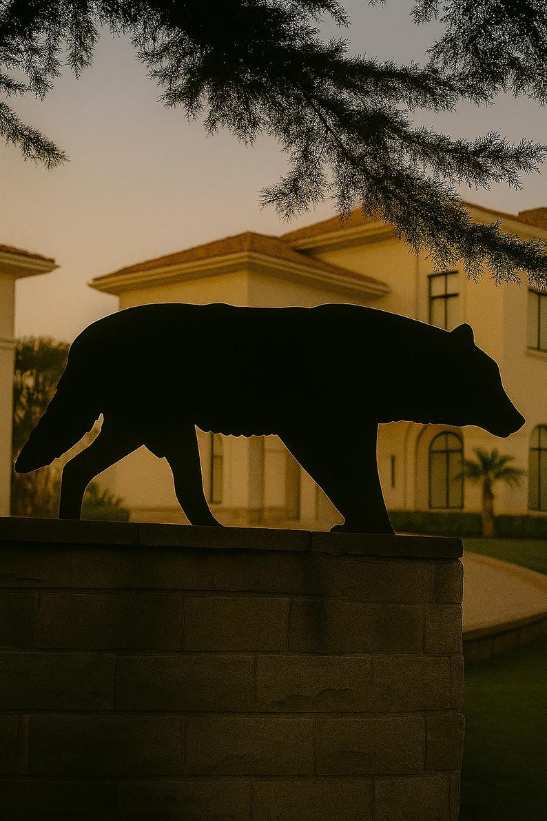 Puede incluir: Silueta negra de un oso caminando sobre un muro de ladrillos, con una casa y un cielo crepuscular de fondo. El oso es el sujeto principal, con la casa y la vegetaci&oacute;n proporcionando contexto.