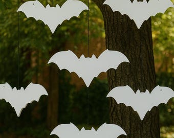 Set of 6 Hanging Halloween Bats, 15” PVC Yard Decor, White or Black Bat Decorations, Scary Tree Hanging Props, Outdoor Haunted Decor