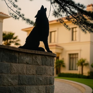Puede incluir: Silueta negra de una estatua de lobo aullando sobre un muro de piedra. La estatua se alza sobre un fondo de una casa y un &aacute;rbol con un cielo de atardecer. El lobo es un elemento decorativo exterior.