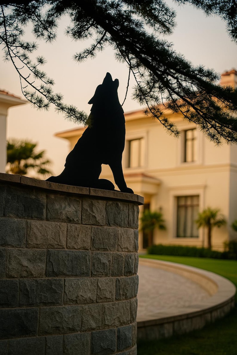 Puede incluir: Silueta negra de una estatua de lobo aullando sobre un muro de piedra. La estatua se alza sobre un fondo de una casa y un &aacute;rbol con un cielo de atardecer. El lobo es un elemento decorativo exterior.