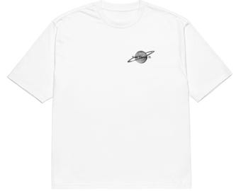 May include: White t-shirt featuring a black and white graphic of a planet with rings and the text "You Down? II."