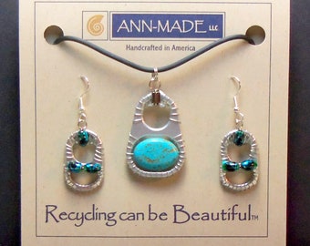 Soda Can Tab Pendant and Earrings Set by Ann-Made - "Turquoise"