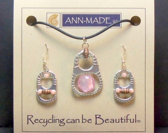 Soda Can Tab Pendant and Earrings Set by Ann-Made - "Pink"