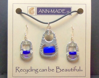 Soda Can Tab Pendant and Earrings Set by Ann-Made - "Cobalt"