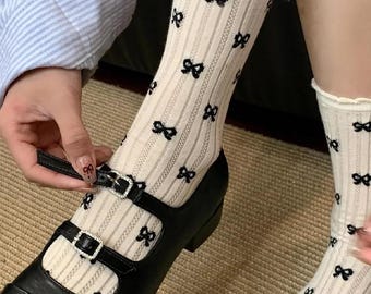 White Socks with Bow, Small Bow Tie Knitting Socks, Elegant Sheer Bow Socks, Stylish, Cute Bow, Soft Pink, Trendy Sheer