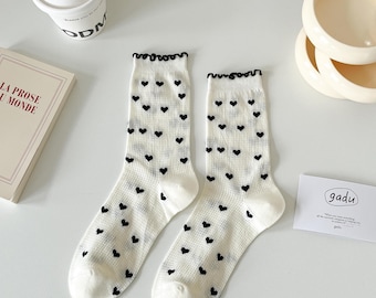 White Socks with Black Lace Trim & Heart Detail: Kawaii Fashion
