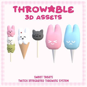 May include: A collection of 3D assets featuring sweet treats. The image includes a stack of bunny-shaped treats, a bunny-topped ice cream cone, a cat-shaped lollipop, and two bunny-shaped cotton candies. The text reads "THROWABLE 3D ASSETS" and "SWEET TREATS".