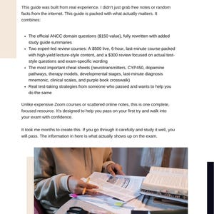 May include: A guide titled "How This Guide Was Built" with text describing its content, including ANCC domain questions, expert-led courses, and cheat sheets. The image shows a person studying the guide with a pen and open books.