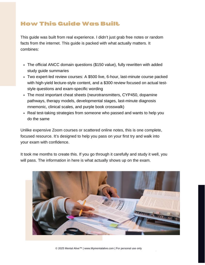 May include: A guide titled "How This Guide Was Built" with text describing its content, including ANCC domain questions, expert-led courses, and cheat sheets. The image shows a person studying the guide with a pen and open books.