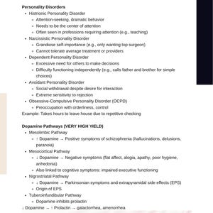 May include: A medical review summary titled "High-Yield Review Summary" with bullet points detailing personality disorders and dopamine pathways. The text includes symptoms and examples, useful for medical students and healthcare professionals.