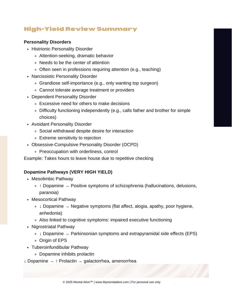 May include: A medical review summary titled "High-Yield Review Summary" with bullet points detailing personality disorders and dopamine pathways. The text includes symptoms and examples, useful for medical students and healthcare professionals.