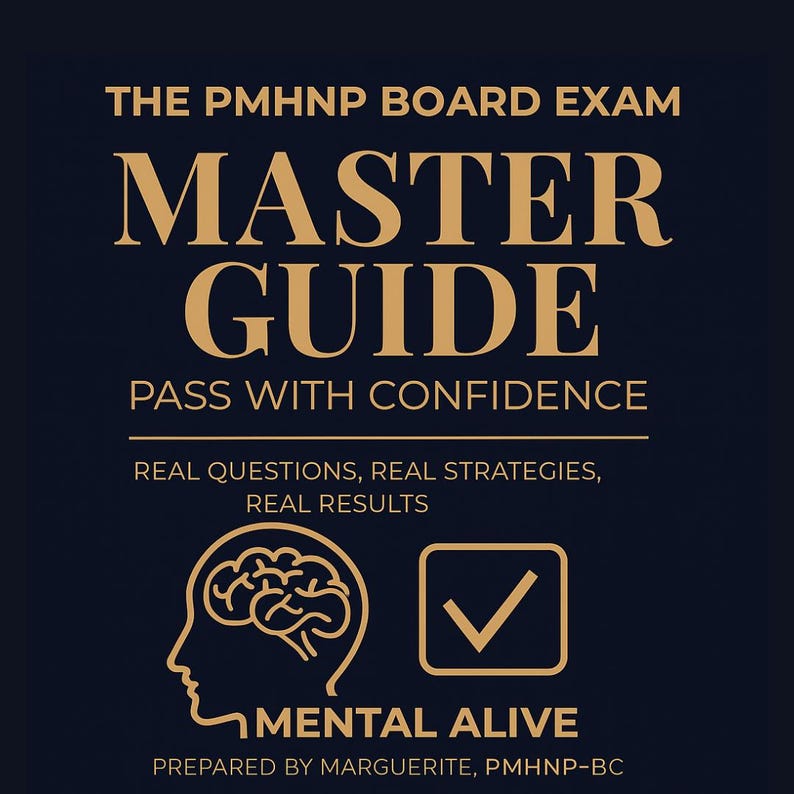 May include: A navy blue book cover with gold text promoting the PMHNP board exam. The title reads 'MASTER GUIDE' in large, bold letters. Below, it states 'PASS WITH CONFIDENCE.' Additional text highlights 'REAL QUESTIONS, REAL STRATEGIES, REAL RESULTS.' A brain graphic and checkmark are featured, with 'MENTAL ALIVE' at the bottom.