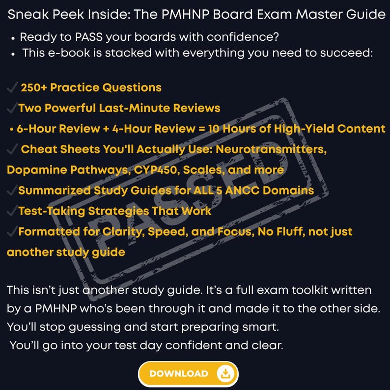 May include: Dark blue e-book cover with white text, including "The PMHNP Board Exam Master Guide." Features bullet points listing study aids like practice questions and reviews. A "PASSED" stamp is visible.