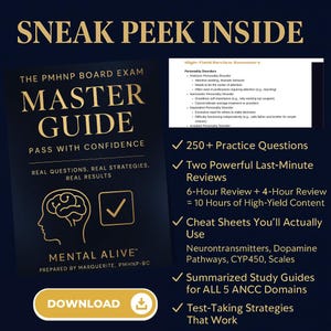 May include: A book cover with the title "MASTER GUIDE" for the PMHNP Board Exam. The cover includes the text "PASS WITH CONFIDENCE" and "REAL QUESTIONS, REAL STRATEGIES, REAL RESULTS." Additional text includes "250+ Practice Questions" and "Test-Taking Strategies That Work."
