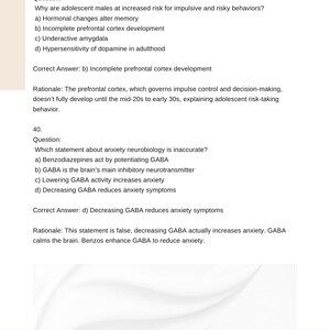 May include: A white page with text from a study guide. Questions and answers about adolescent behavior and anxiety neurobiology are displayed. The text includes multiple-choice questions and explanations.