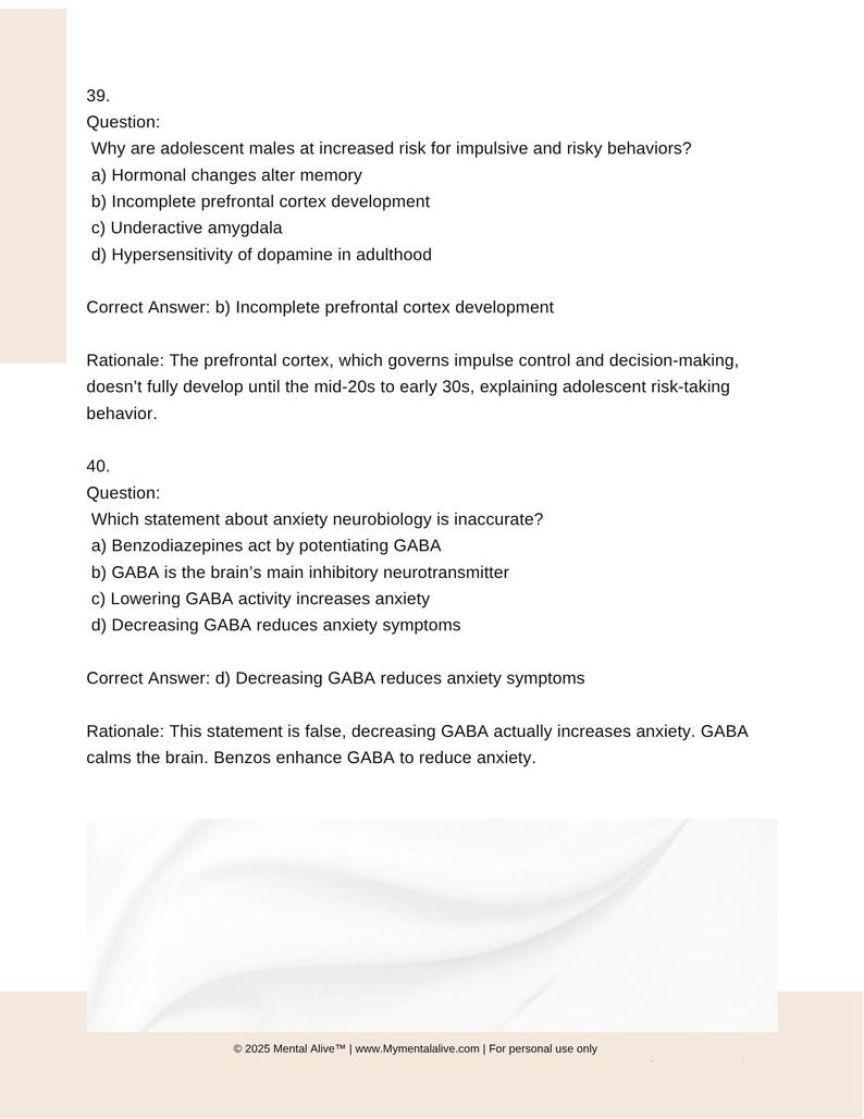 May include: A white page with text from a study guide. Questions and answers about adolescent behavior and anxiety neurobiology are displayed. The text includes multiple-choice questions and explanations.